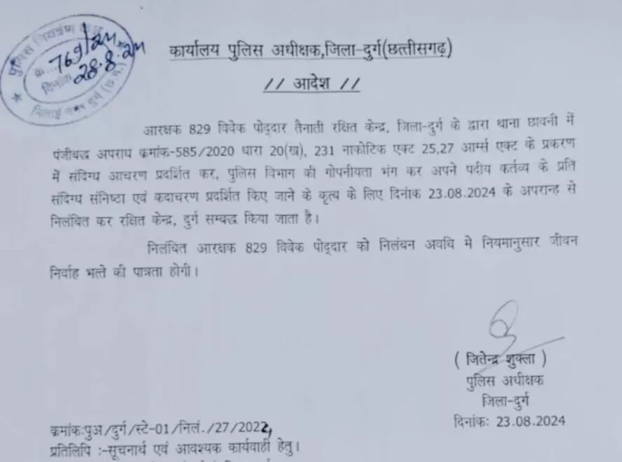 भिलाई: गोपनीयता भंग के आरोप में आरक्षक विवेक पोद्दार ,निलंबित