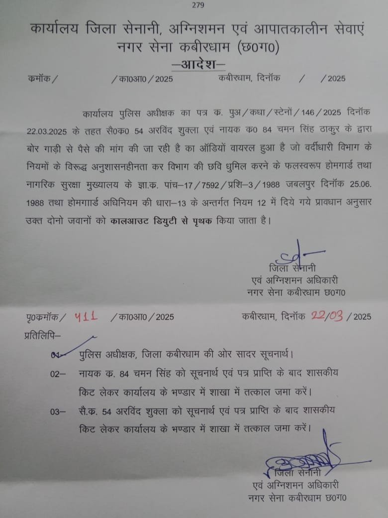 कबीरधाम में पुलिस विभाग में सख्ती, अवैध वसूली पर नगर सैनिक और नायक पर कड़ी कार्रवाई