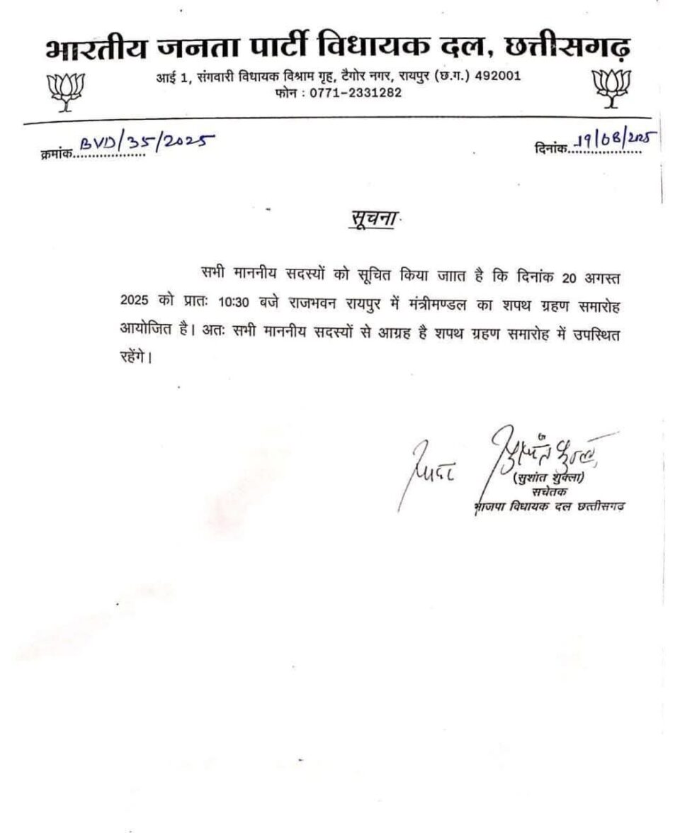 छत्तीसगढ़ में बुधवार को होगा साय मंत्रिमंडल का विस्तार, तीन नए चेहरों को मिलेगा मौका; गजेंद्र यादव, गुरु खुशवंत साहेब और राजेश अग्रवाल के नाम लगभग तय