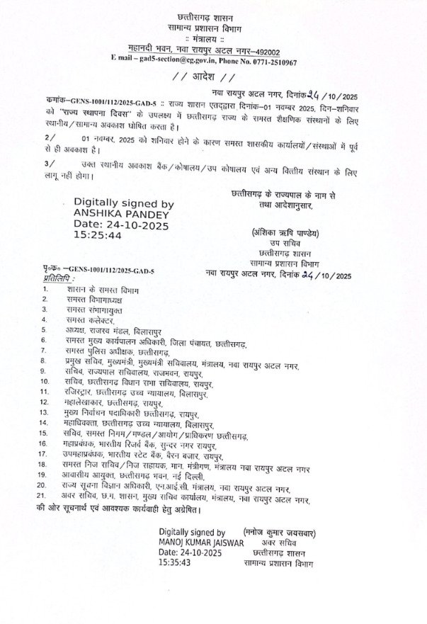 छत्तीसगढ़ स्थापना दिवस पर छात्रों के लिए खुशखबरी : 1 नवंबर को स्कूल-कॉलेज रहेंगे बंद